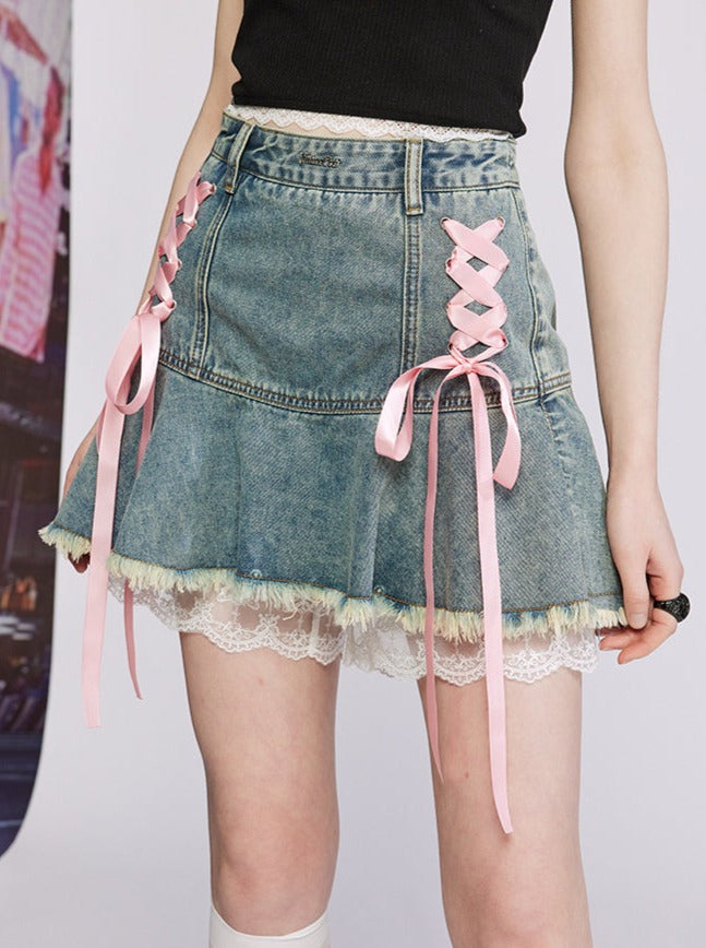 Lace -up design frilly denim skirt