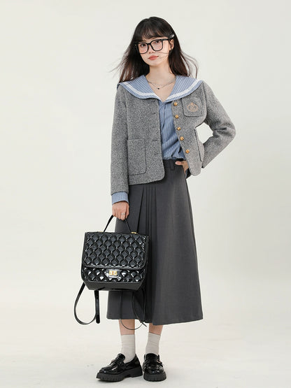 Stylish retro gray boa short jacket + blue striped sailor shirt + gray long skirt