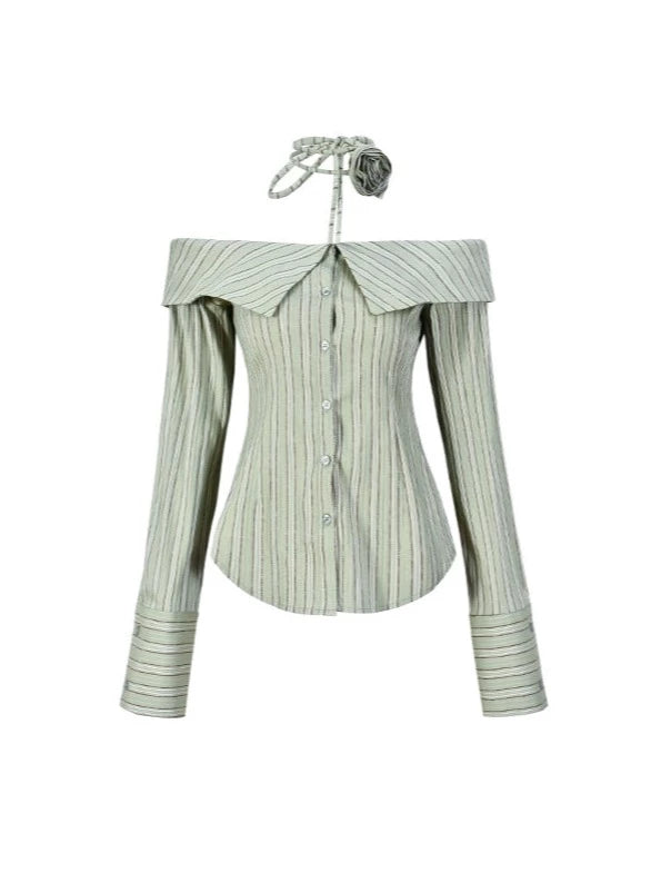 ストライプネックフラワーデザインオフショルダーシャツ