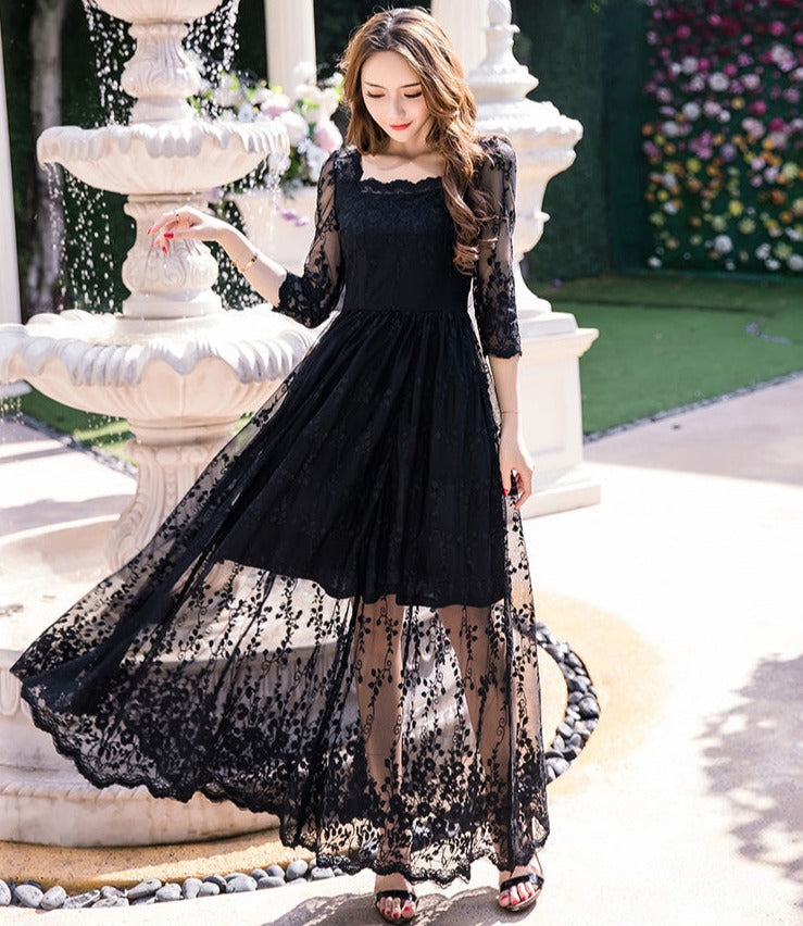 Square Neck Sheer Flower Lace Dress
