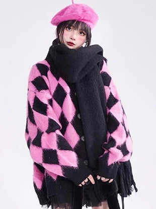 Pink Diamond Check Lazy Style Mohair V-Neck Knit Cardigan