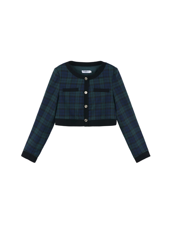 French Retro Check Cardigan Jacket + Pleated Skirt