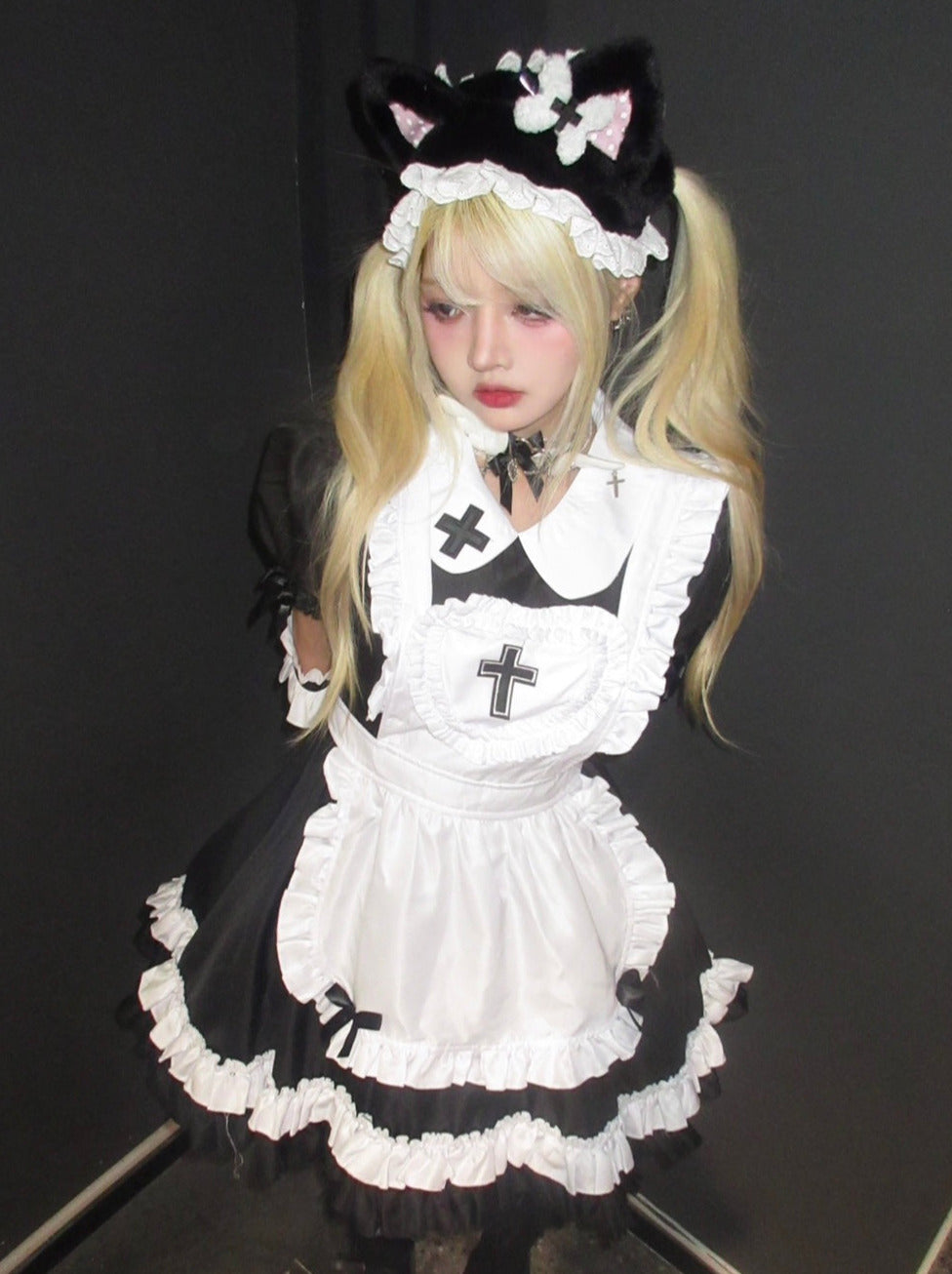 Doll Collar Cross Heart Lolita Maid Apron Tiered Dress