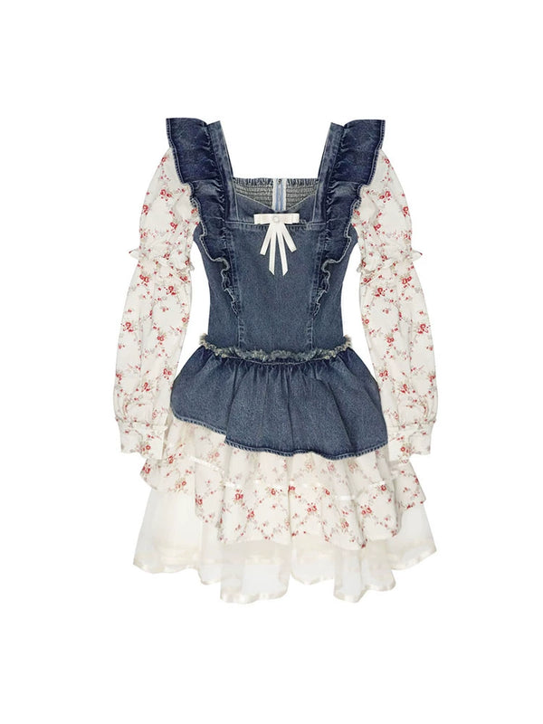 モーニングフラワーフェイクツーピースウエストワンピース