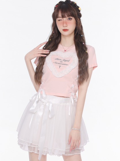 Lovely lace -up frilling heart T -shirt