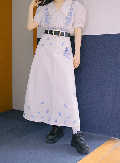 Little Butterfly Rice Slim Denim Long A Line Skirt