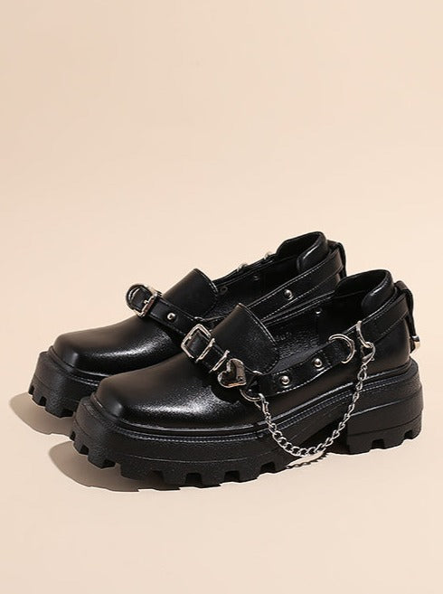 Heart Chain Strap Square Tou Leather Shoes