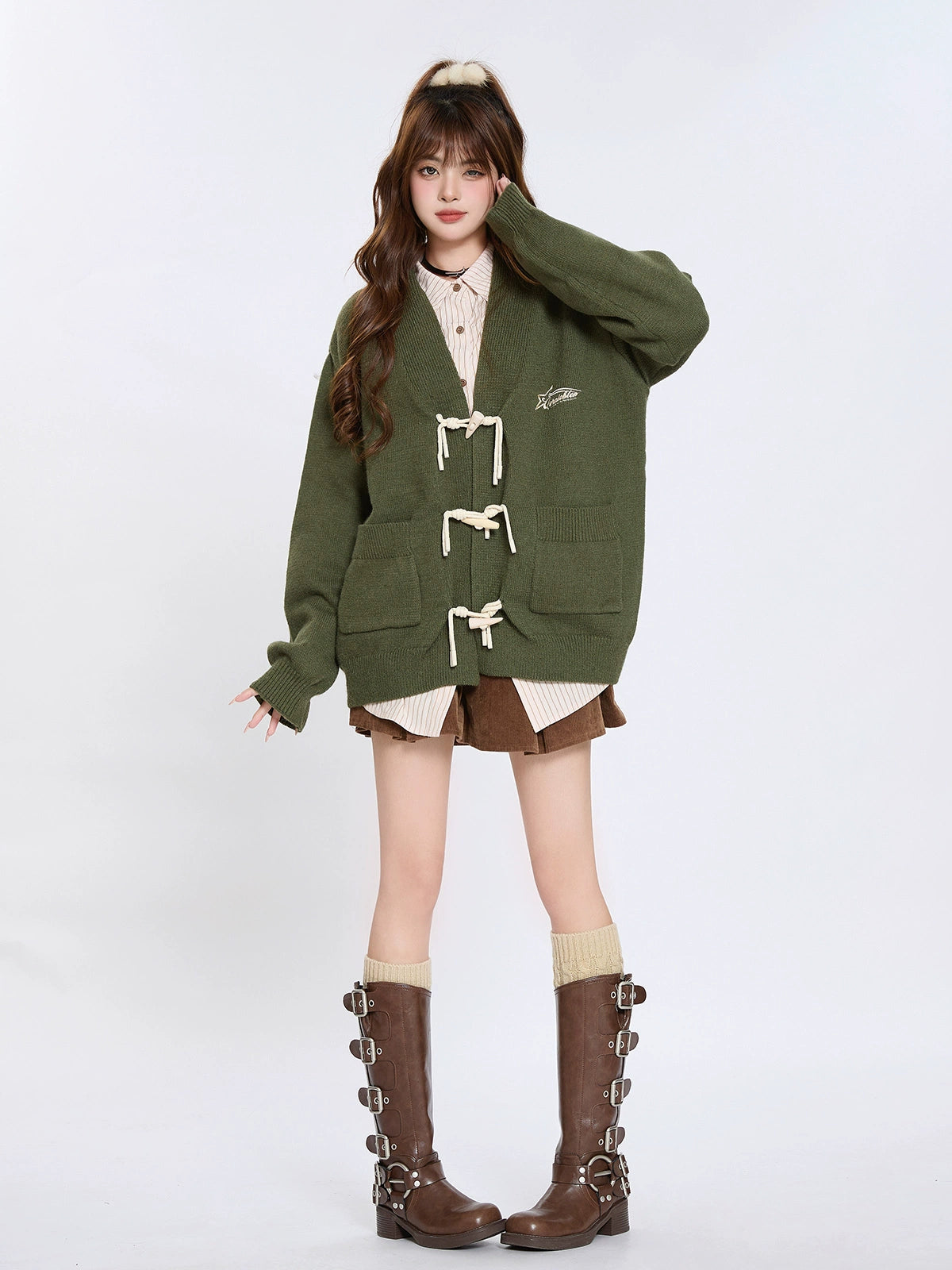 Retro horn button design loose knit cardigan + shirt + skirt