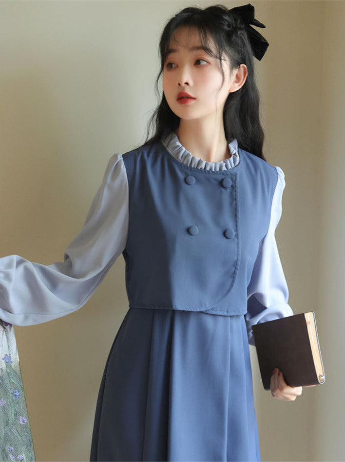 Frill Stand Collar Back Ribbon Layered Dress