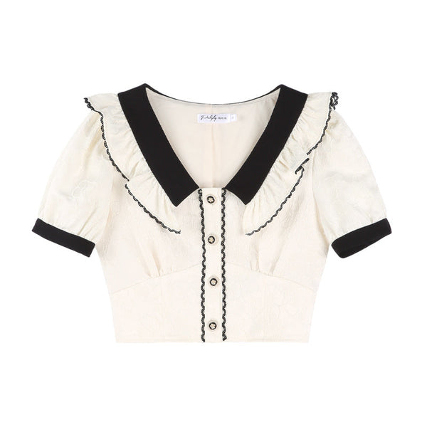 ハイエンドドールカラーシャツアプリコットハイウエストセットアップ