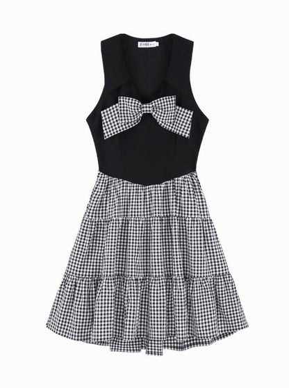 French Retro Check Ribbon One Piece