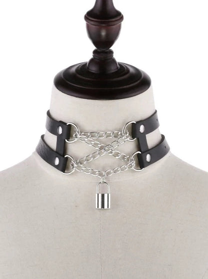 Rock pendant leather collar punk metal chain choker