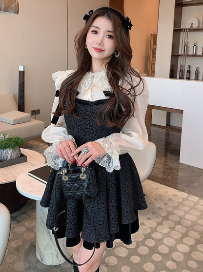 French doll collar lace elegant shirt + skirt