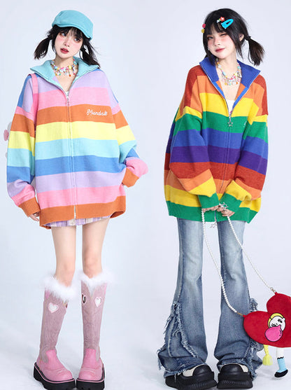 Rainbow Stripe Barbie Girl Knit Zip Cardigan