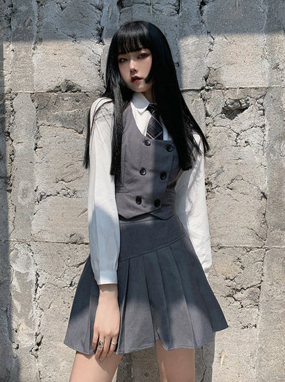 Check tie plain shirt + double breasted vest + asymmetric pleated skirt