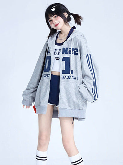 High Street Line Sleeve Oversized Hoodie Zip Jacket