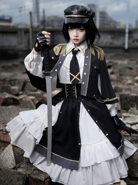 [Military uniform] Cape jacket + frilled blouse with tie + waist mark split layered skirt
