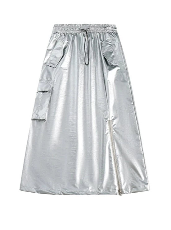 Bright Silver Loose Cyber Workwear Skirt