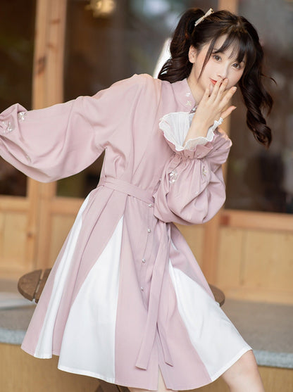中式卷袖花朵刺绣甜美连衣裙