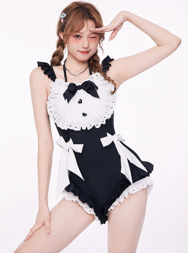 Maid frill ribbon dress swimsuit