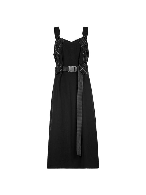 Check Vest Buckle Waist Layered Suspension Dress