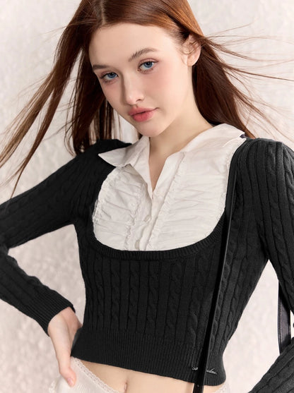 French sweet girl cable slim shirt knit