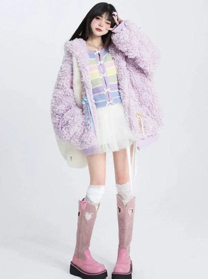 Light purple loose hooded zipped lambswool coat