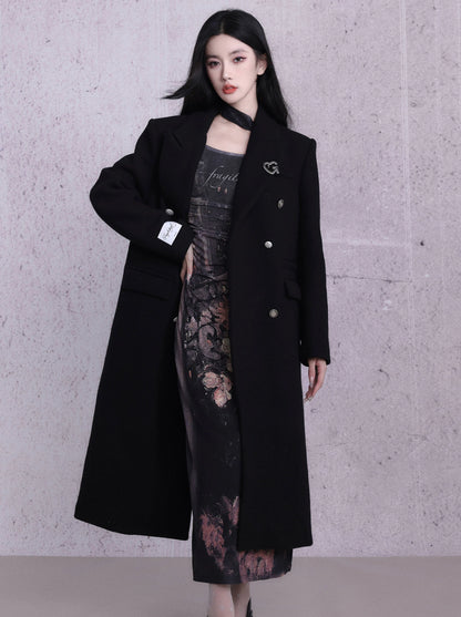 Korean college style wool double breasted long coat