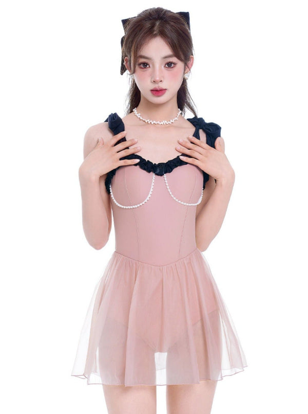 Peach Navy Shoulder Ribbon One Piece Swimsuit