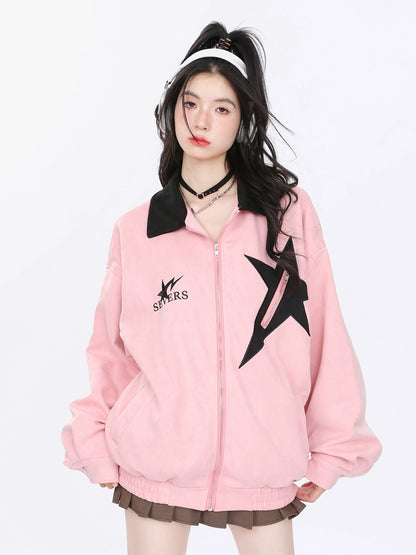 Trendy suede star patch loose jacket