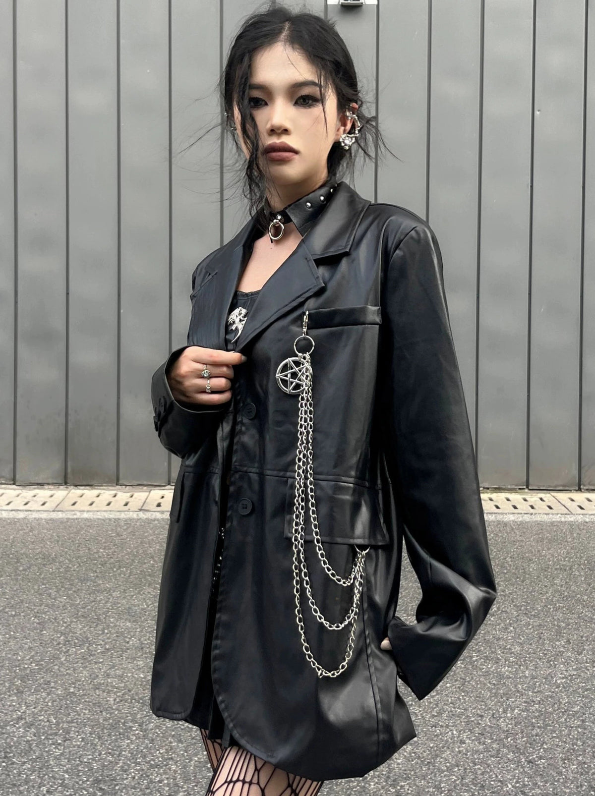 パンクブラックレザーチェーンストリートスーツジャケット – Belchic パンクブラックレザーチェーンストリートスーツジャケット – Belchic