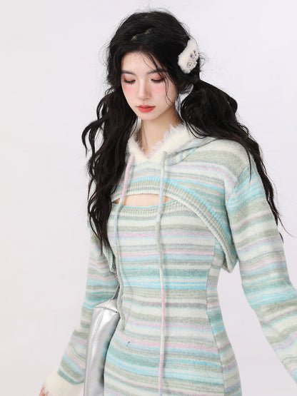 Knit Striped Suspender Skirt + Hooded Jacket Setup