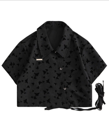 Dark Butterfly Cropped Ribbon Shirt + Pleated Skirt Setup
