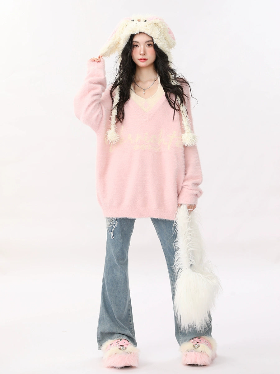 Soft Loose V-Neck Sweet Lazy Style Faux Two Piece Knit Sweater