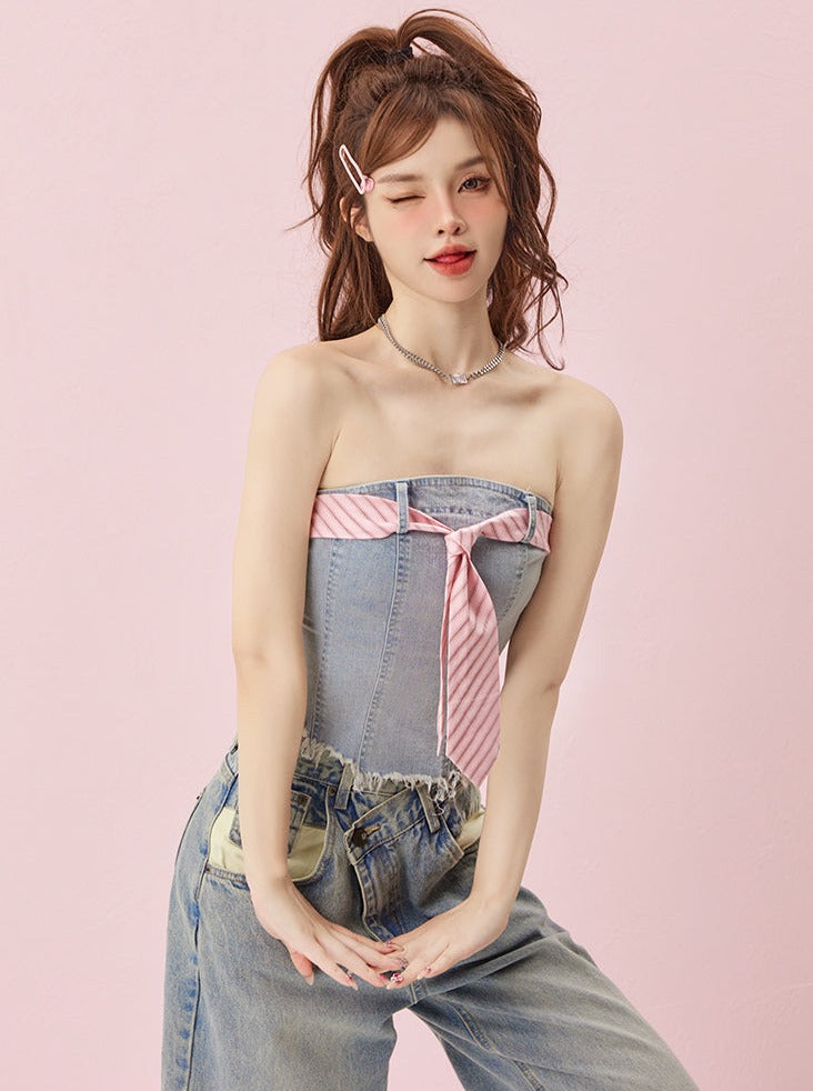 Wash denim tube top with tie