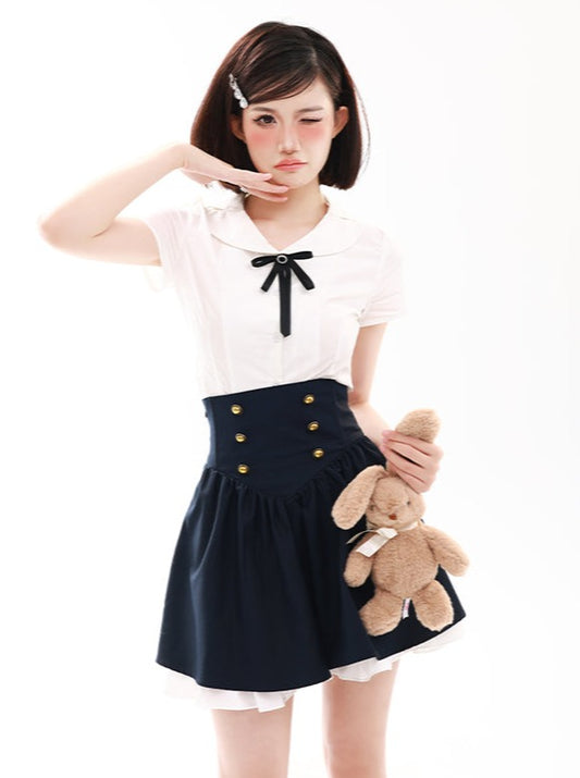 Romantic Eco Doll Color Ribbon Blouse + High West Skirt