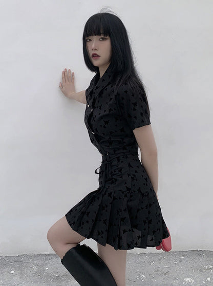 Dark Butterfly Cropped Ribbon Shirt + Pleated Skirt Setup