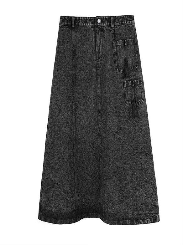 Dark black slit high-end denim long skirt