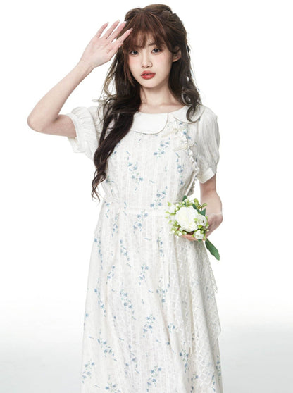 Flower fake two -piece lace dress