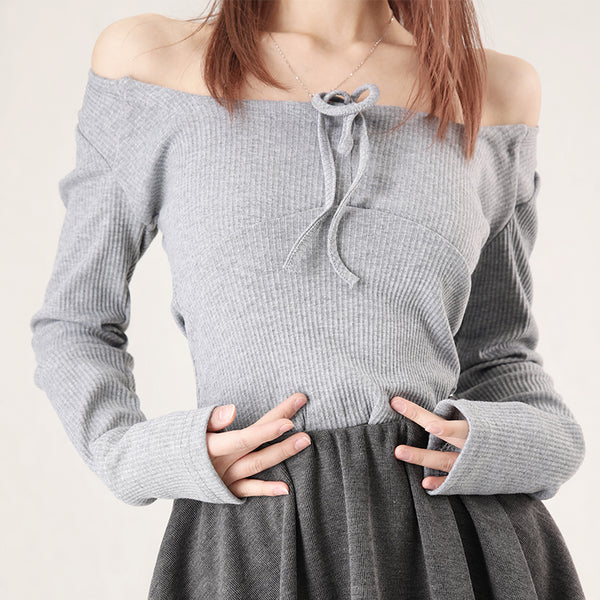 Off shoulder ribbon cropped ribbed top + flared skirt