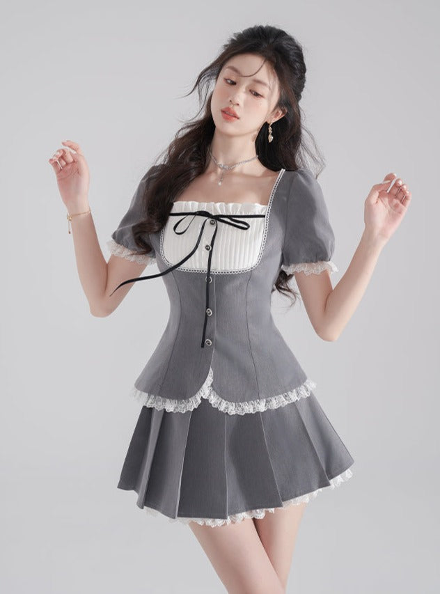 Süßes Schleifenoberteil Faltenrock Set-up