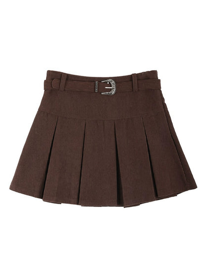 Retro Corduroy High Waist Belt Pleated Skirt