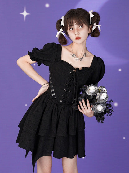 Black Rose Puff Sleeve Lace-up Bustier Tiered Dress