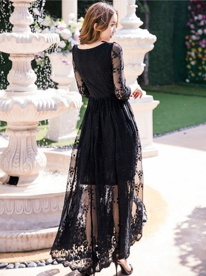 Square Neck Sheer Flower Lace Dress