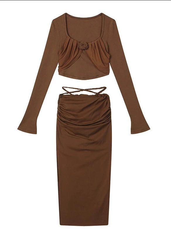 Square Neck Waist Tight Short Top Long Skirt Suit