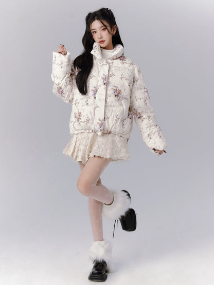 Fragrance Flower Padded Jacquard Jacket + Pleated Skirt