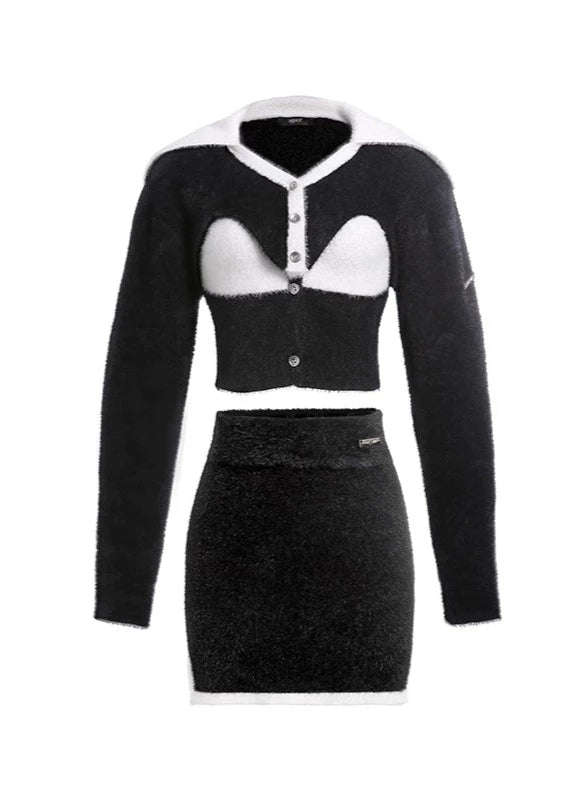 ブロックフラシショートカーディガントップ+チェーンサスペンダー+スカート