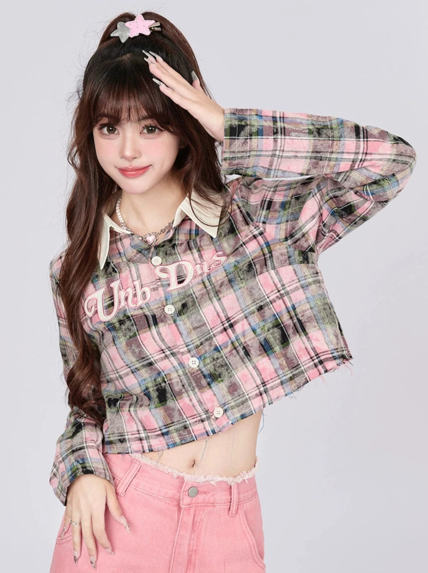 American Retro Check Shirt Slim Short Top