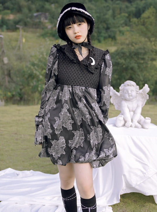 Jacquard Flower Bubble Girl Dader Clong Sleeve Dress