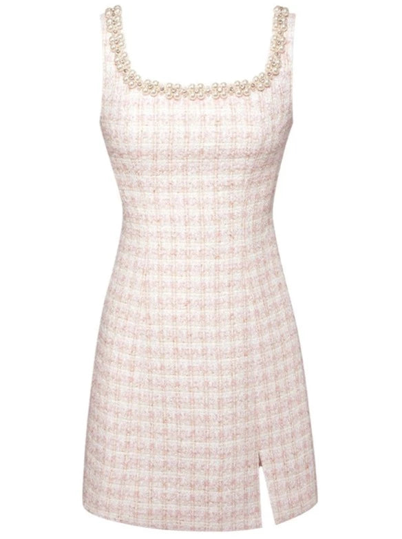 Imitation pearl square-collar tweed dress